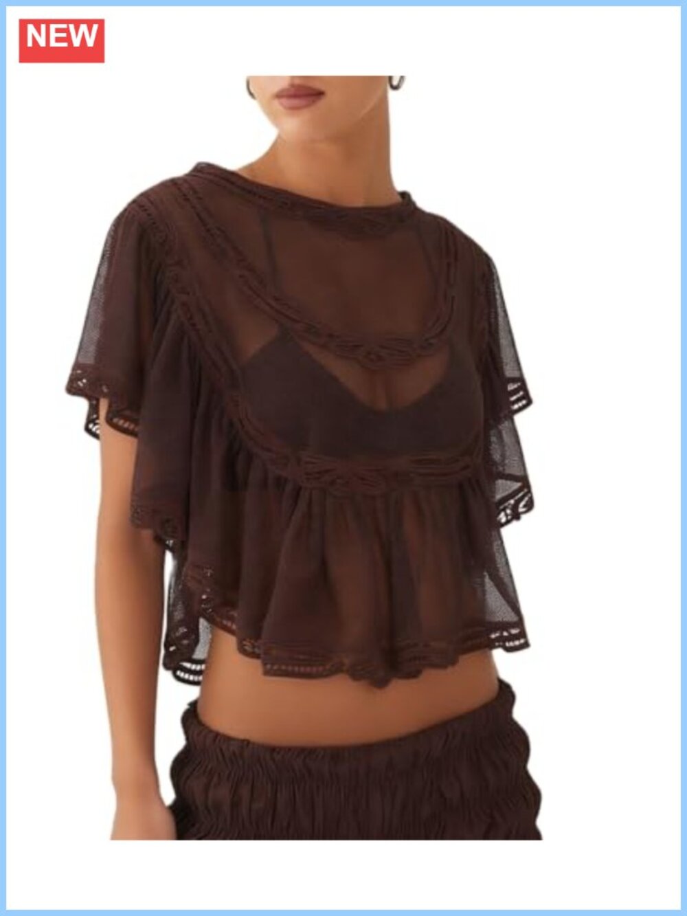 Sheer Lace Cropped Top Y2K See Through Poncho Ruffle Sleeve